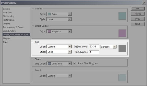 Photoshop grid dialogue box