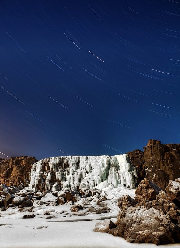 Star-trails over Oxararfoss waterfall