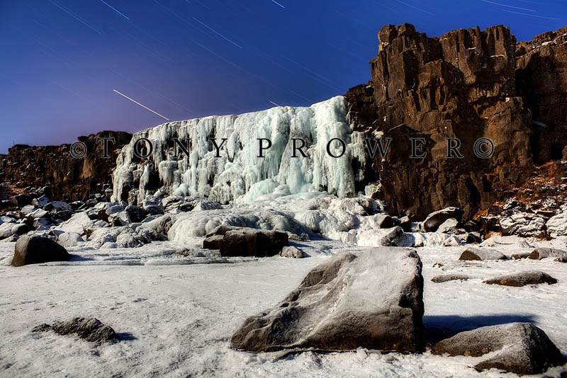 Oxararfoss waterfall star trails