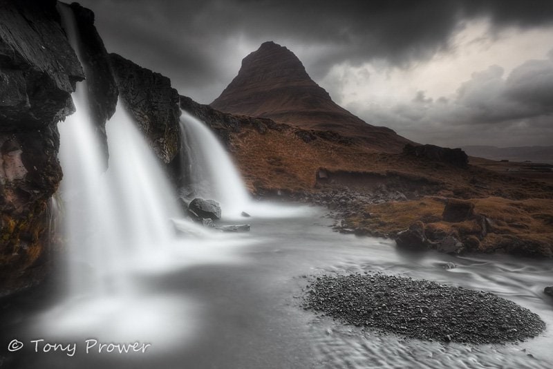 Rainy day at Kirkjufellsfoss waterfall.