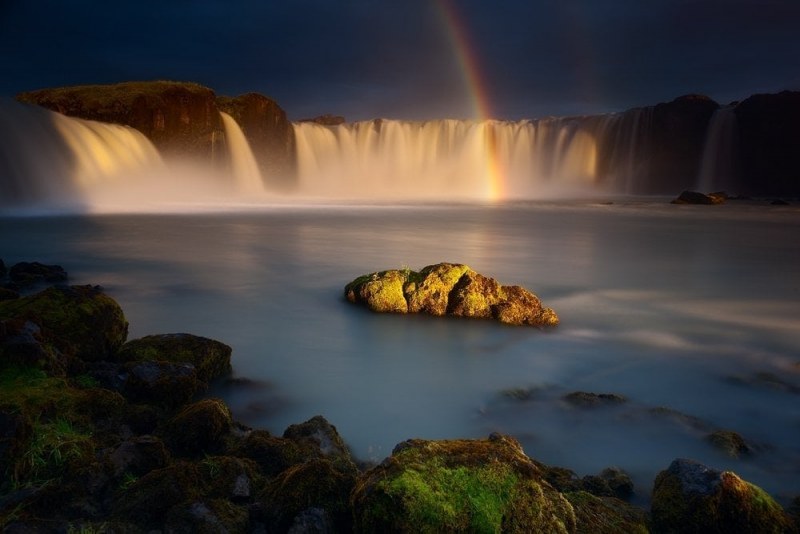Go├░afoss Waterfall Rainbow – Icelandic Summer Sunrise