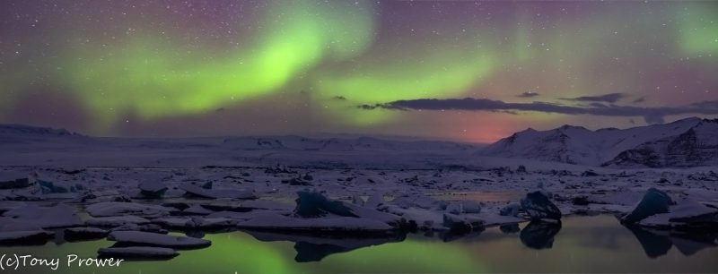 Jokulsarlon Night Panorama – Icelandic Northern Lights