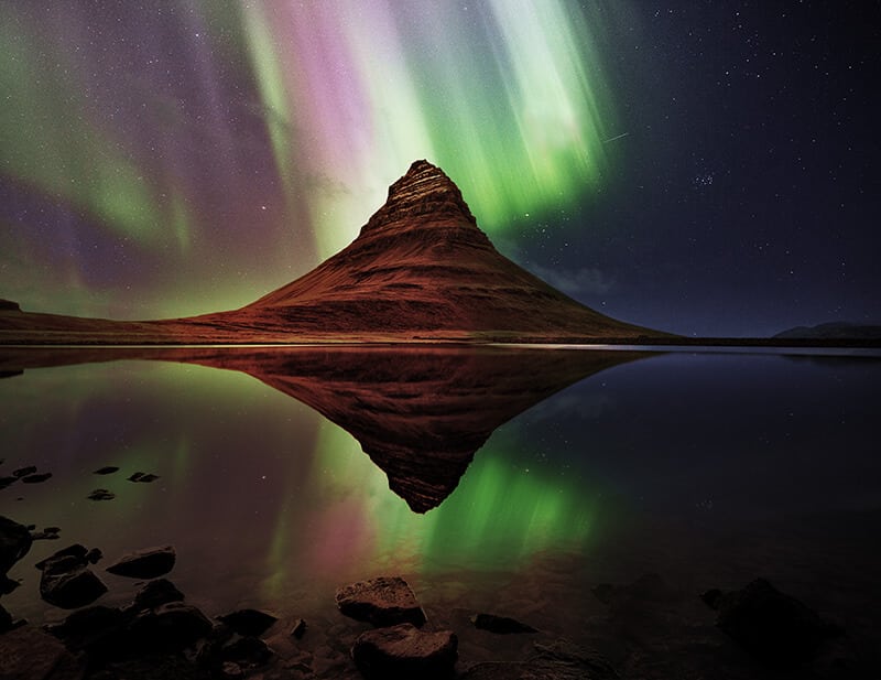 Northern lights over Kirkjufell on the Snæfellsnes  peninsula