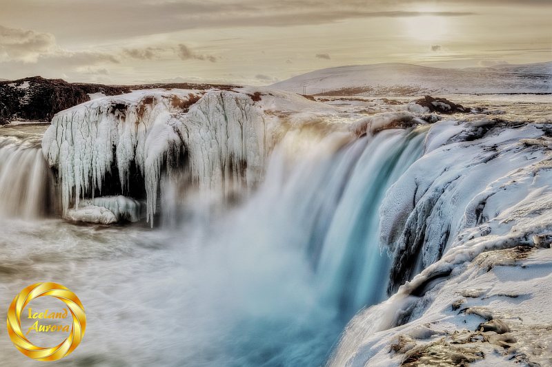 Frozen Godafoss waterfall