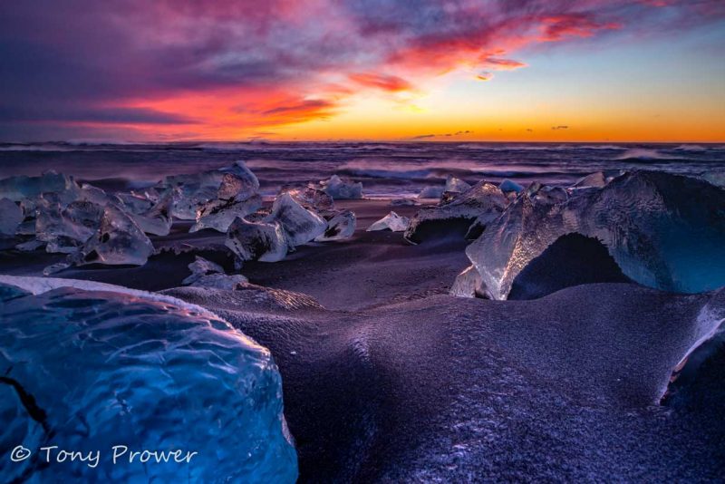 Glacier ice black sand beach