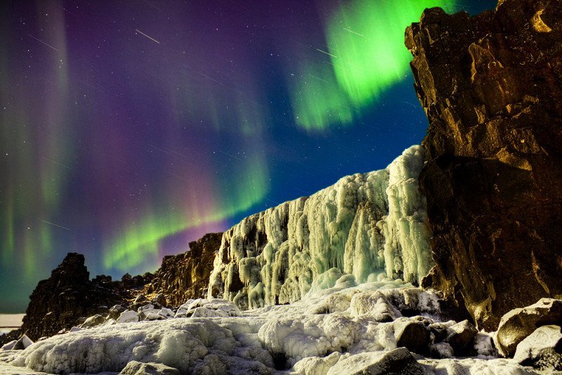 Öxarárfoss waterfall northern lights