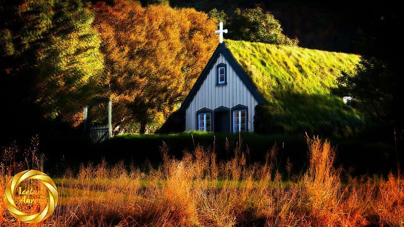 Hofskirkja turf roof church, culture interacting with hidden folk