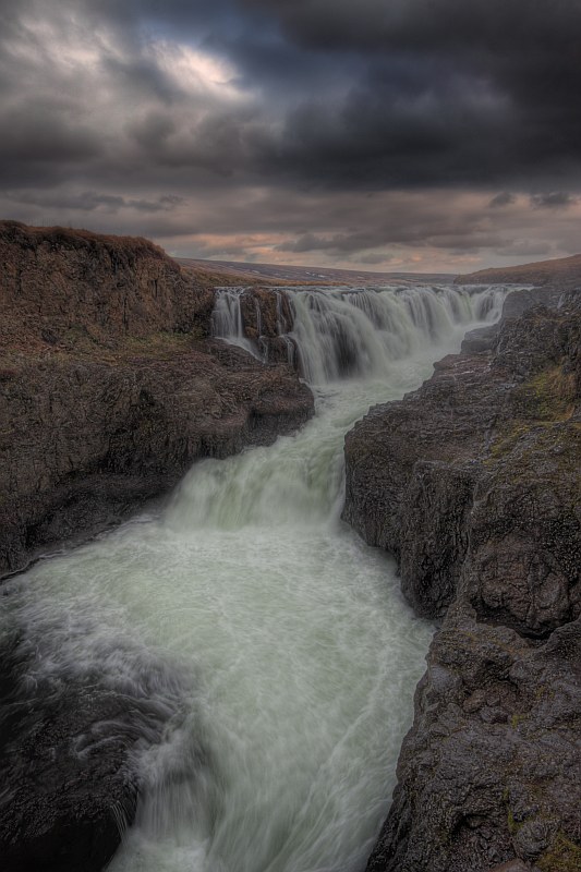 Kolufoss waterfall and Kolugljúfur canyon in the summer.