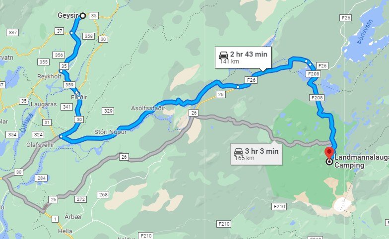 geysir to landmannalauagar map